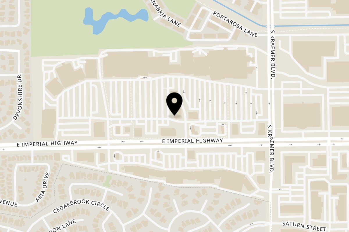 Map showing the location of On The Hook on 2445 E Imperial Hwy Ste M in Brea